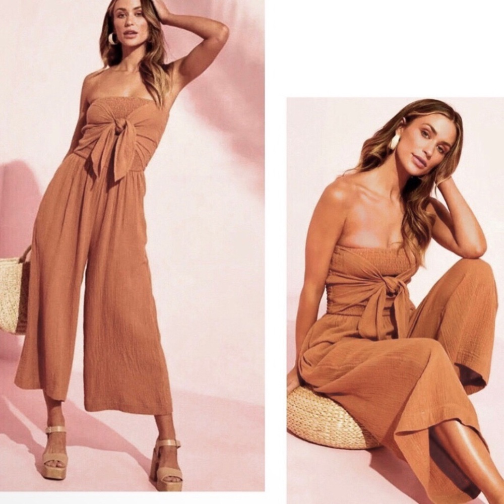 VICI gauze cotton strapless front tie jumpsuit in the color clay. NEW RE $80 Med